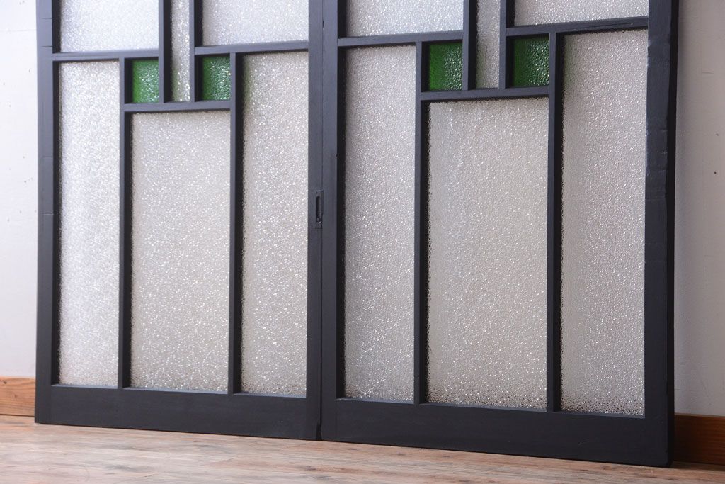 大正ロマン　当時物色ガラス入り!モダンなペイント引き戸2枚セット(窓)(3)