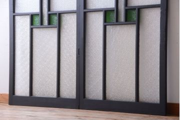 大正ロマン　当時物色ガラス入り!モダンなペイント引き戸2枚セット(窓)(3)