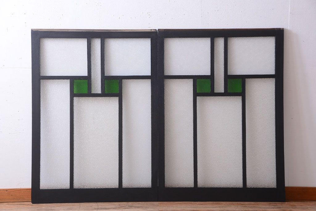 大正ロマン　当時物色ガラス入り!モダンなペイント引き戸2枚セット(窓)(3)