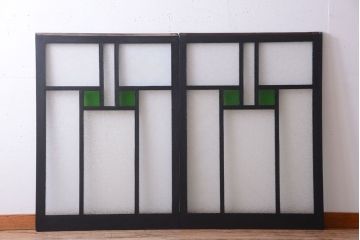 大正ロマン　当時物色ガラス入り!モダンなペイント引き戸2枚セット(窓)(3)