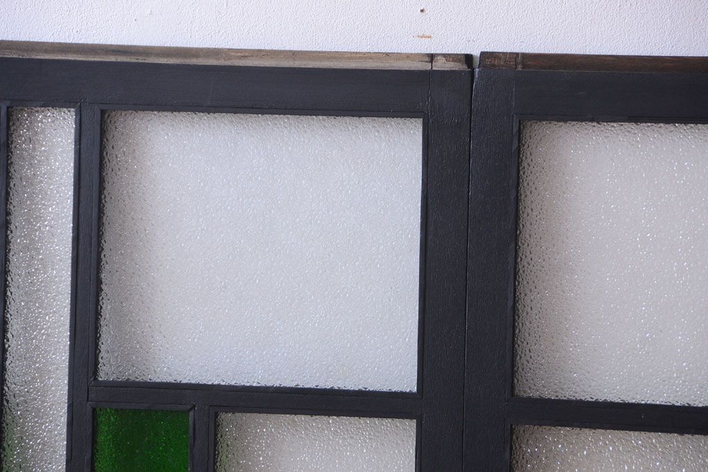 大正ロマン　当時物色ガラス入り!モダンなペイント引き戸2枚セット(窓)(3)