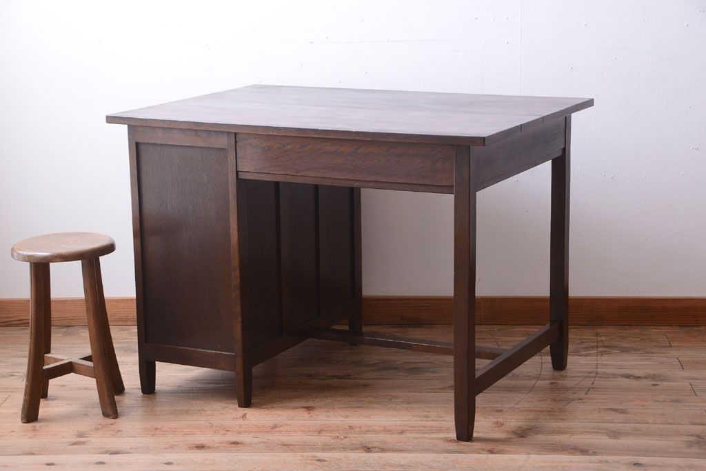 アンティーク家具　和製アンティーク　古いカバ材のシンプルな片袖机(デスク)