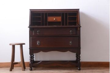 アンティーク家具　イギリスアンティーク　オーク材!ツイストレッグライティングビューロー(デスク)