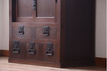 アンティーク家具　古民具・骨董　明治期　隠し付き!前面欅玉杢材のアンティーク帳場箪笥