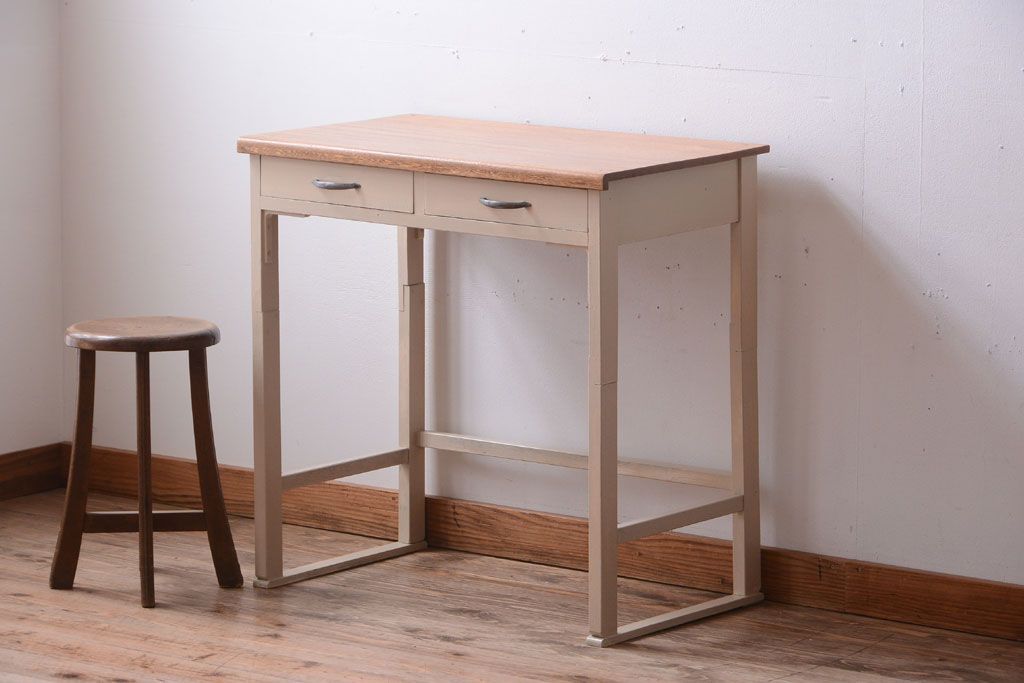 アンティーク家具　アンティークペイント　引き出し2杯付きの上品なシンプル平机(テーブル)