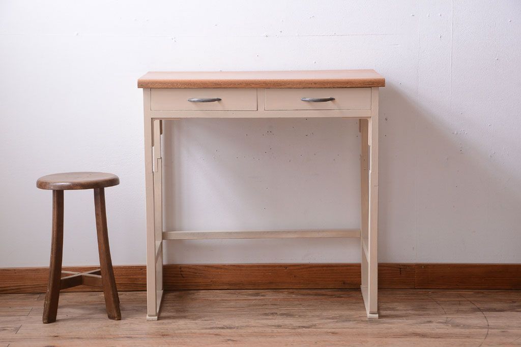 アンティーク家具　アンティークペイント　引き出し2杯付きの上品なシンプル平机(テーブル)