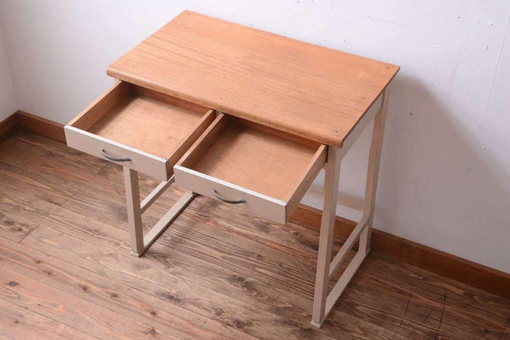 アンティーク家具　アンティークペイント　引き出し2杯付きの上品なシンプル平机(テーブル)