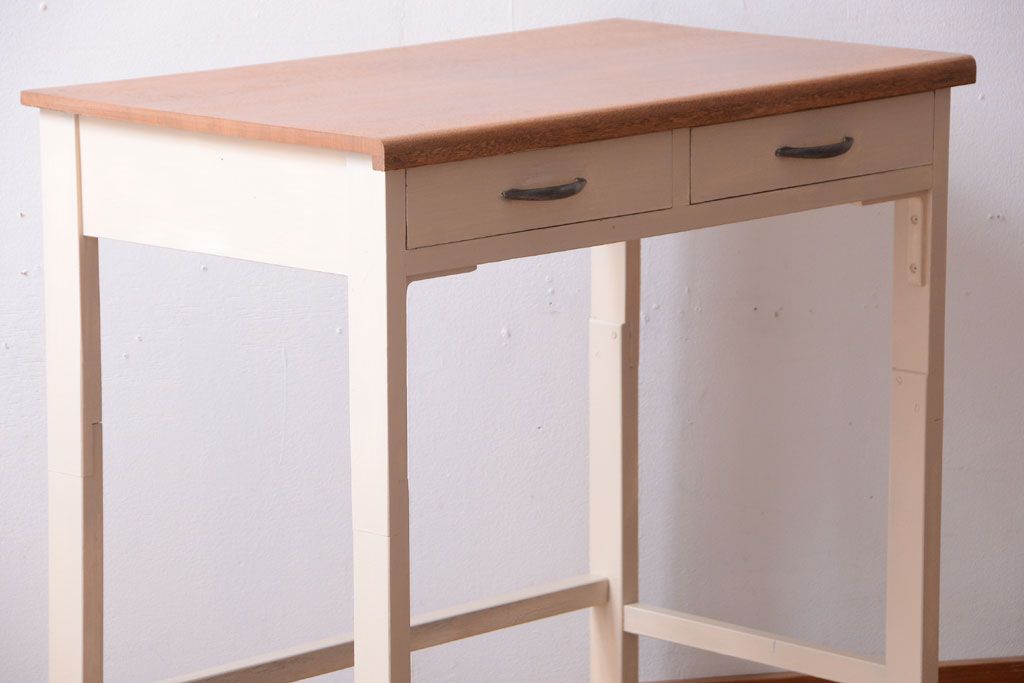 アンティーク家具　アンティークペイント　引き出し2杯付きの上品なシンプル平机(テーブル)