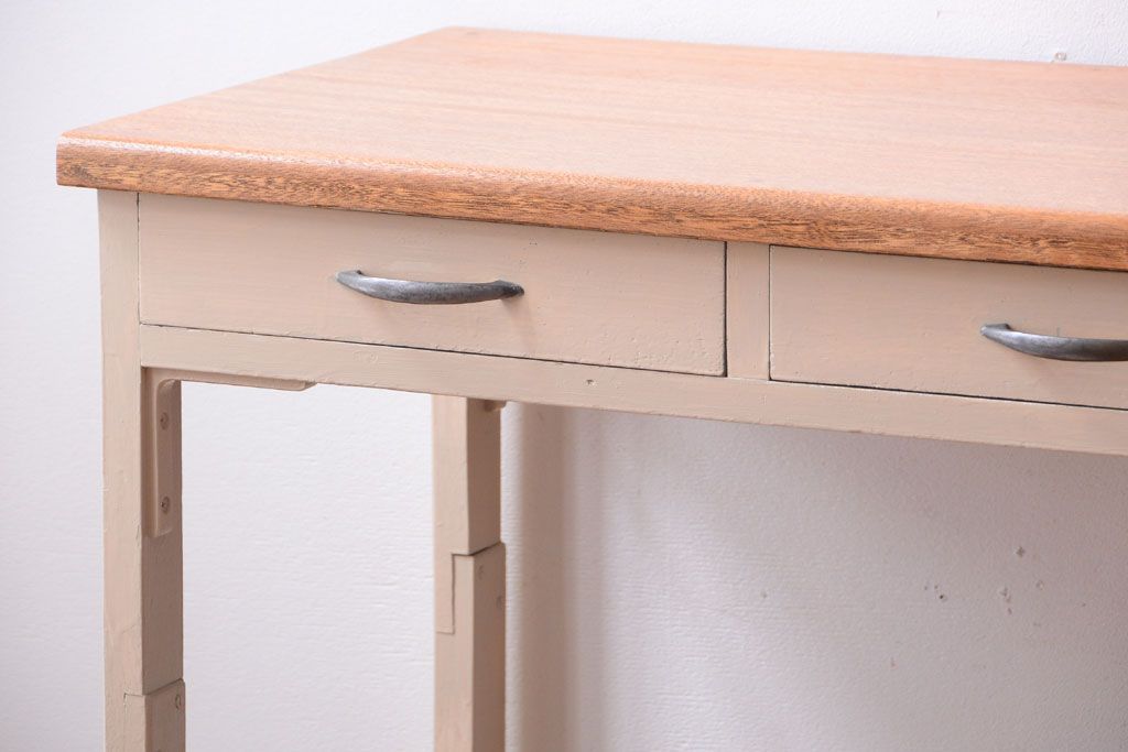 アンティーク家具　アンティークペイント　引き出し2杯付きの上品なシンプル平机(テーブル)