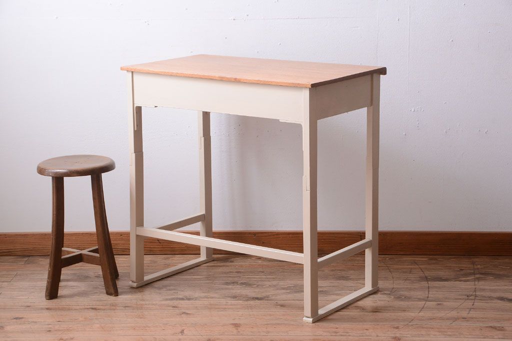 アンティーク家具　アンティークペイント　引き出し2杯付きの上品なシンプル平机(テーブル)