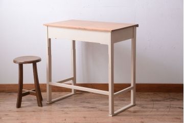 アンティーク家具　アンティークペイント　引き出し2杯付きの上品なシンプル平机(テーブル)
