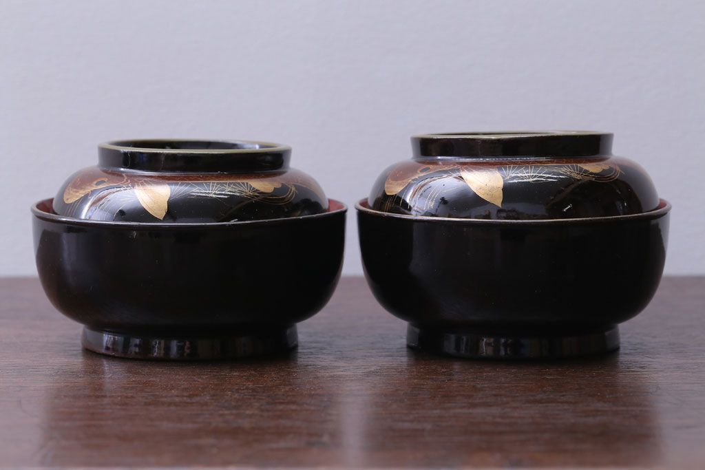 アンティーク雑貨　アンティーク　大正〜昭和初期　鯉の図　木製蒔絵椀2客