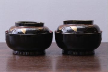 アンティーク雑貨　アンティーク　大正〜昭和初期　鯉の図　木製蒔絵椀2客