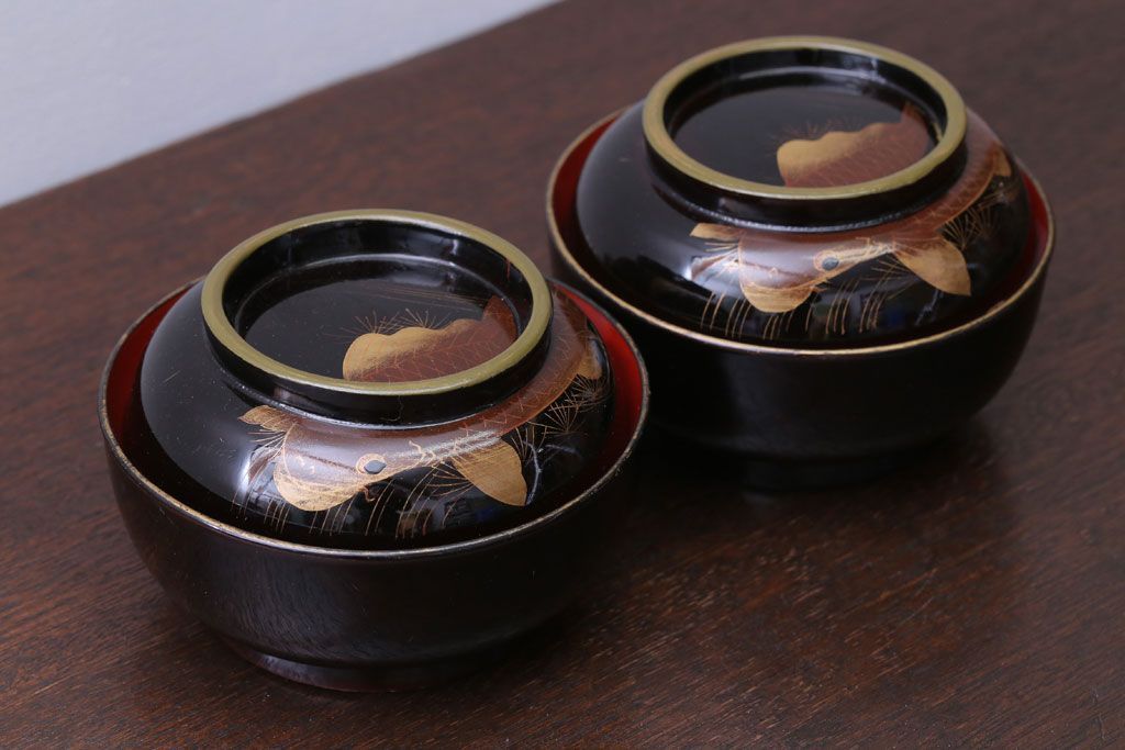 アンティーク雑貨　アンティーク　大正〜昭和初期　鯉の図　木製蒔絵椀2客