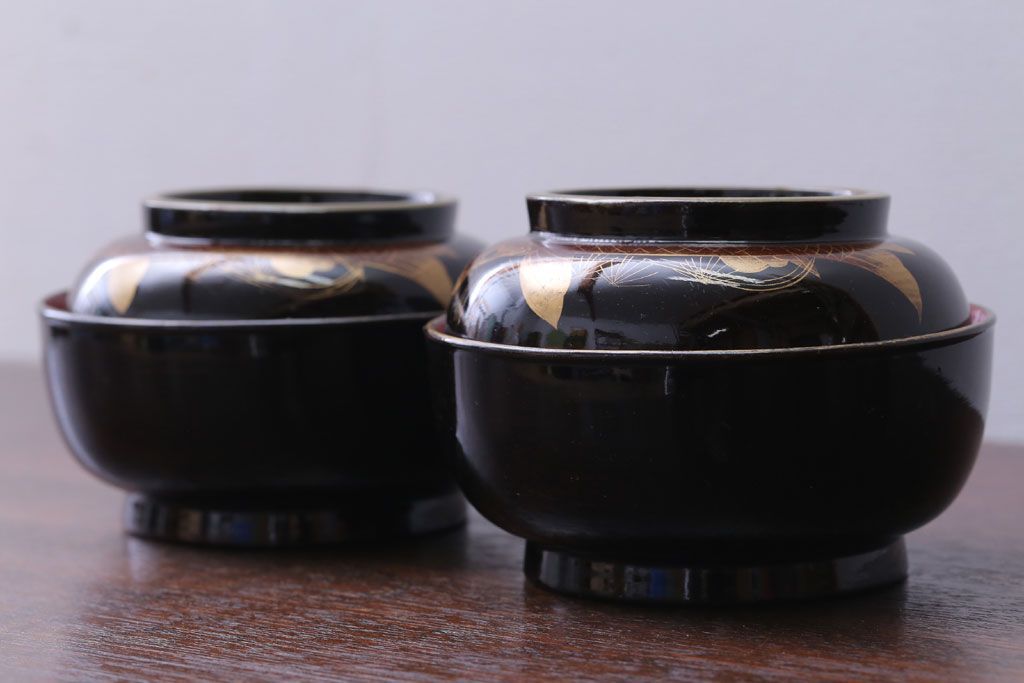 アンティーク雑貨　アンティーク　大正〜昭和初期　鯉の図　木製蒔絵椀2客