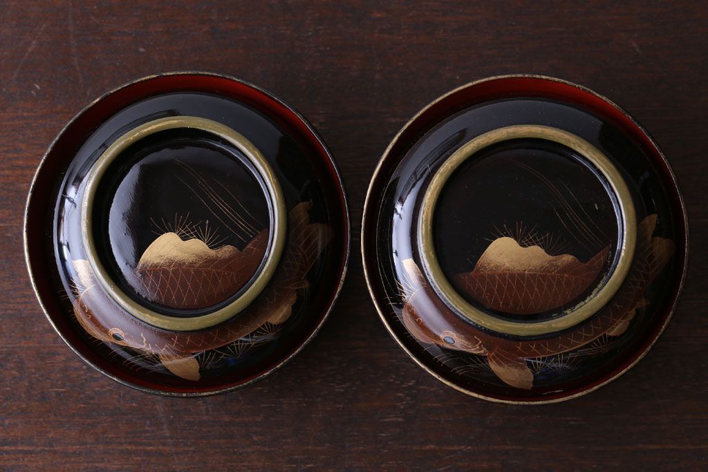 アンティーク雑貨　アンティーク　大正〜昭和初期　鯉の図　木製蒔絵椀2客