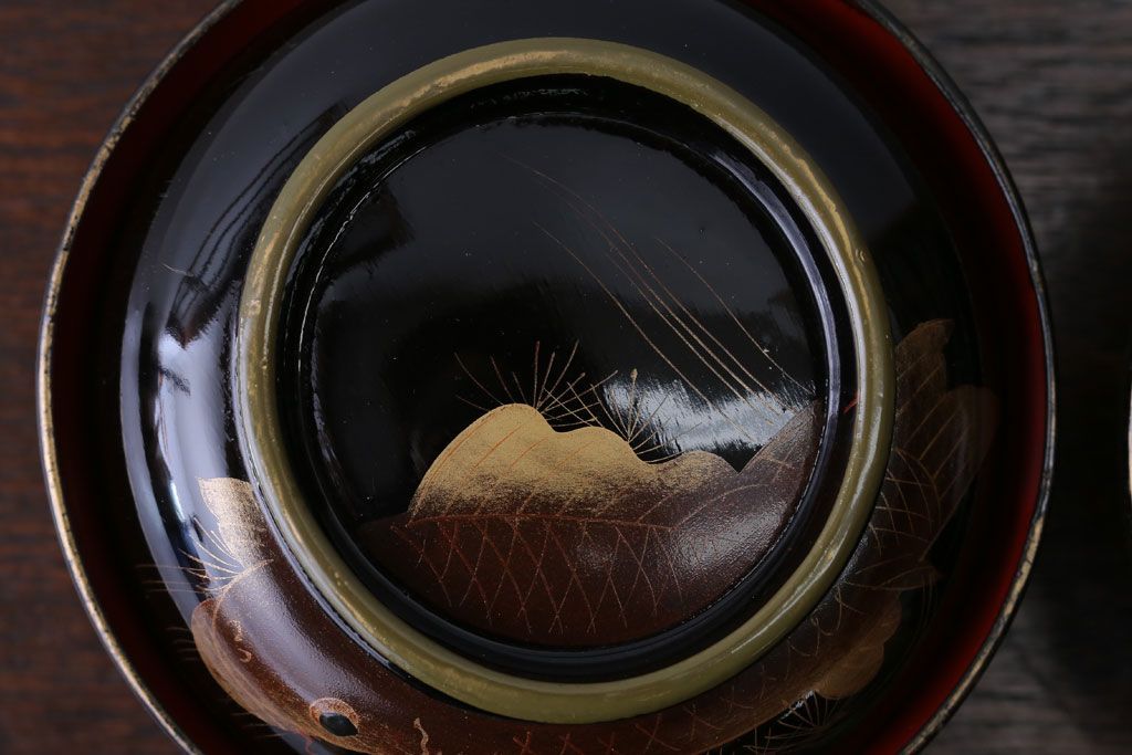 アンティーク雑貨　アンティーク　大正〜昭和初期　鯉の図　木製蒔絵椀2客