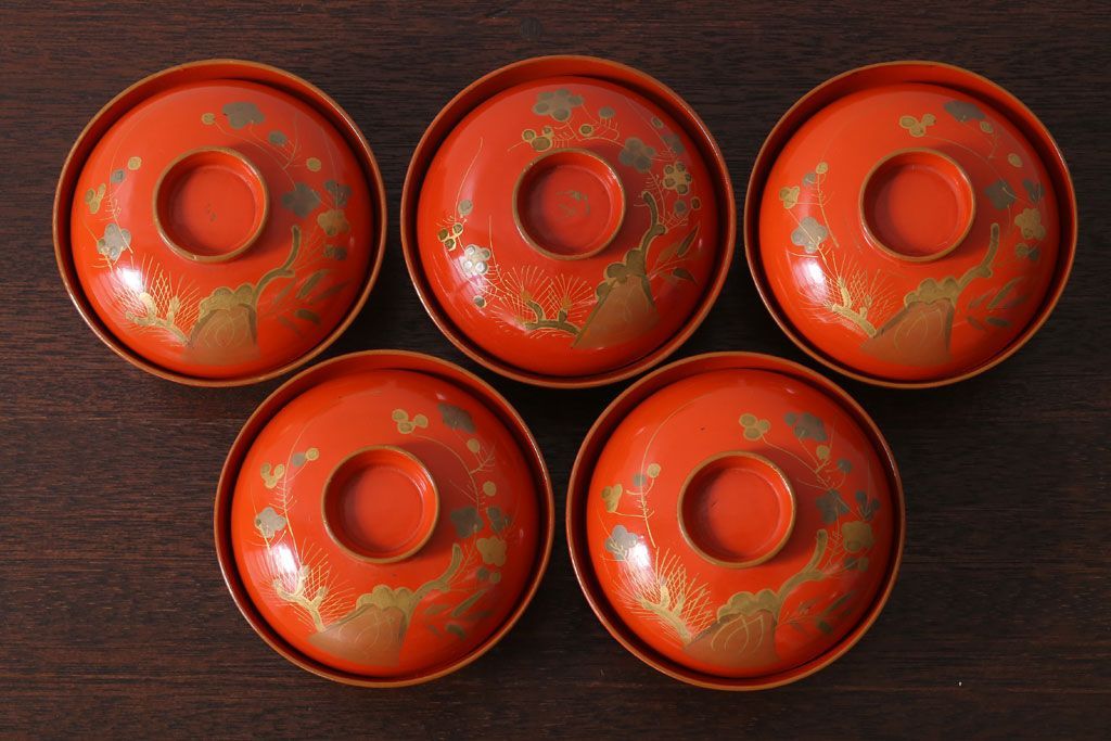 和製アンティーク　松竹梅の朱塗り椀5客セット