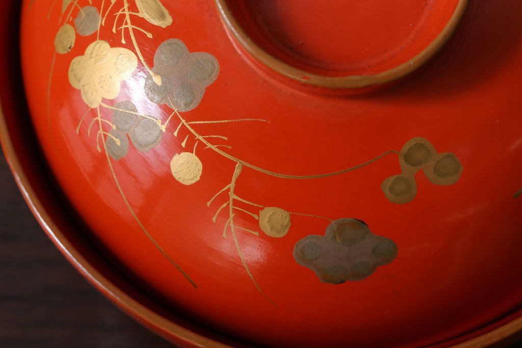 和製アンティーク　松竹梅の朱塗り椀5客セット