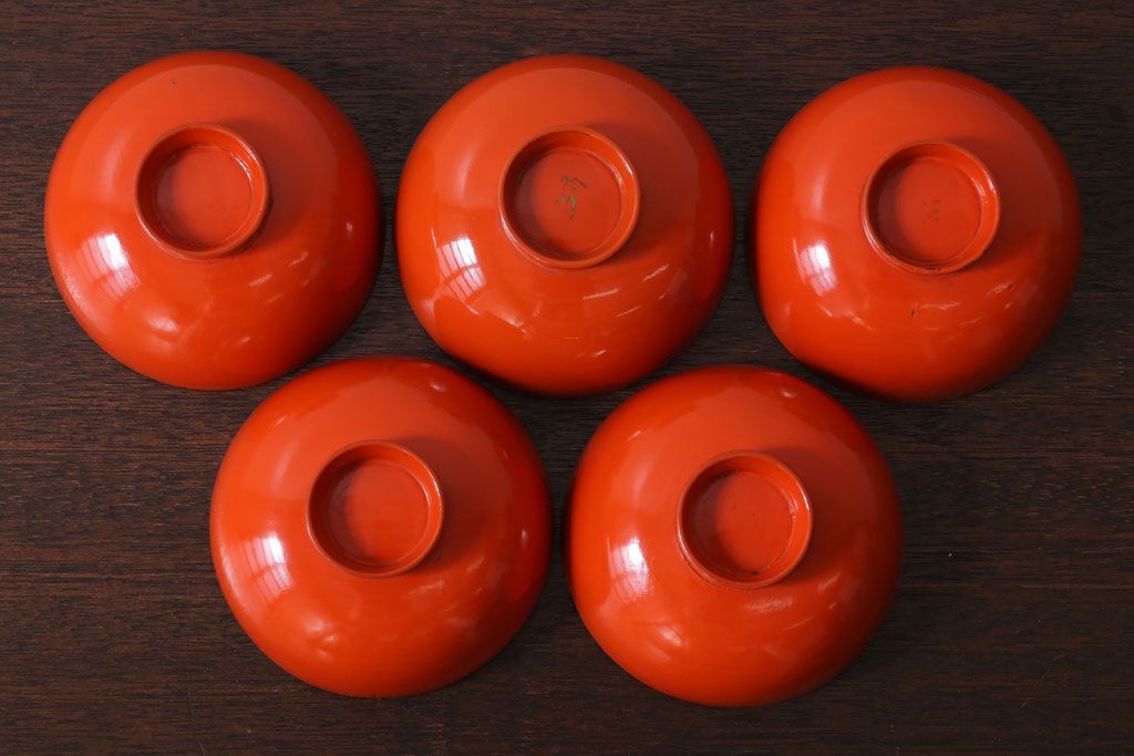 和製アンティーク　松竹梅の朱塗り椀5客セット