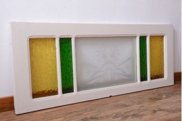 イギリスアンティーク　色ガラス入り!エッチングガラスのおしゃれなペイント明り取り(窓)