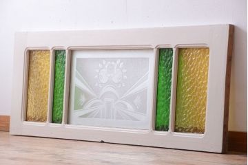 イギリスアンティーク　色ガラス入り!エッチングガラスのおしゃれなペイント明り取り(窓)