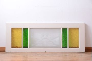 イギリスアンティーク　色ガラス入り!エッチングガラスのおしゃれなペイント明り取り(窓)