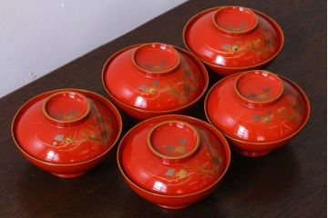 和製アンティーク　松竹梅　朱塗り木製椀5客セット