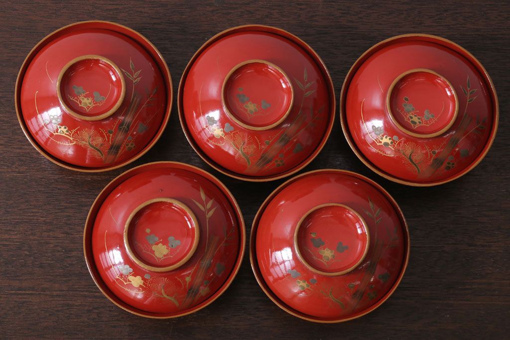 和製アンティーク　松竹梅　朱塗り木製椀5客セット