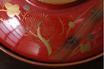 和製アンティーク　松竹梅　朱塗り木製椀5客セット