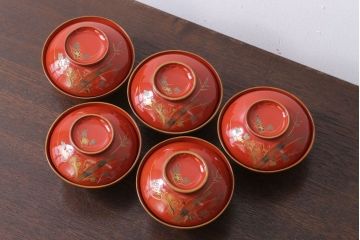 和製アンティーク　松竹梅　朱塗り木製椀5客セット(2)
