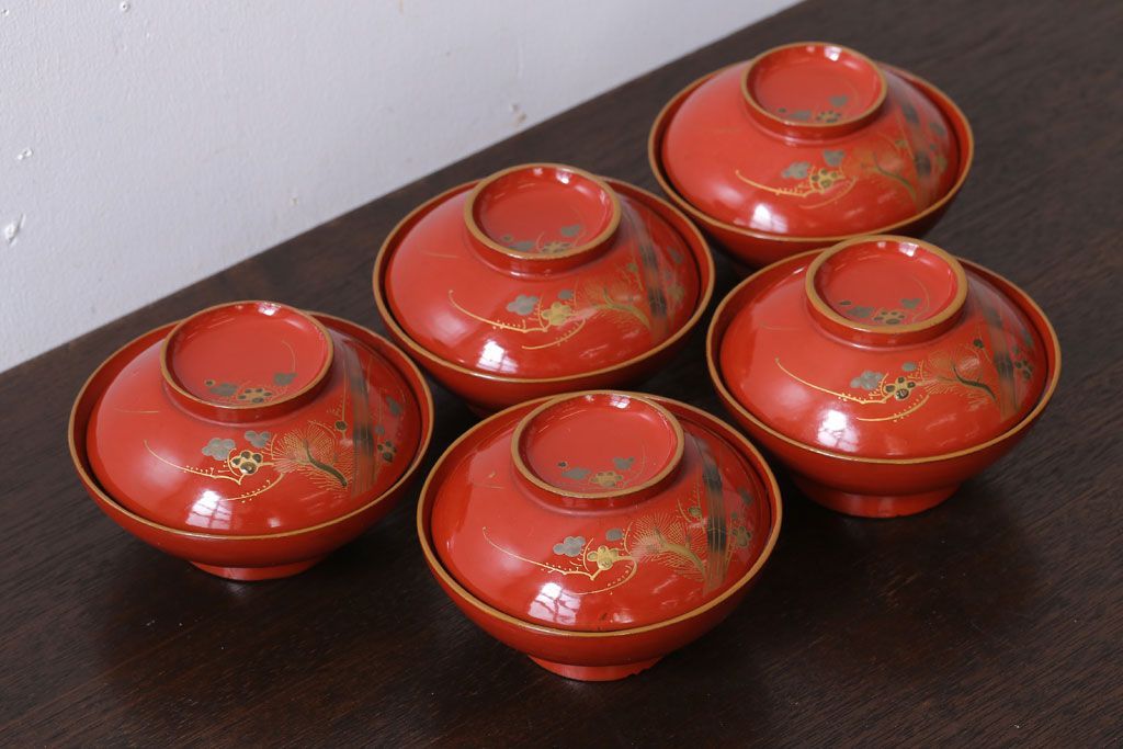 和製アンティーク　松竹梅　朱塗り木製椀5客セット(2)
