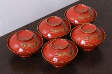 和製アンティーク　松竹梅　朱塗り木製椀5客セット(2)