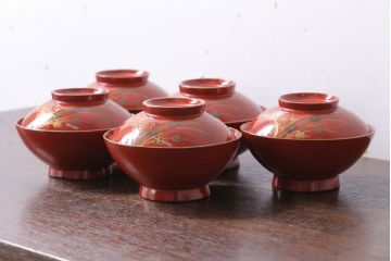 和製アンティーク　松竹梅　朱塗り木製椀5客セット(2)