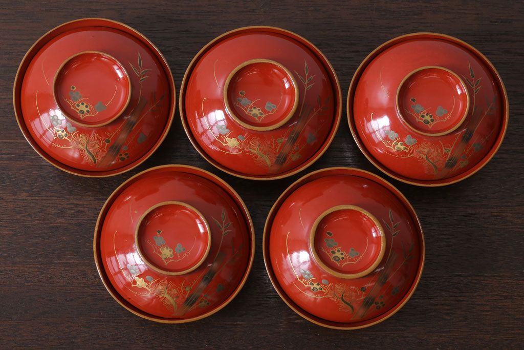 和製アンティーク　松竹梅　朱塗り木製椀5客セット(2)