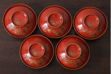 和製アンティーク　松竹梅　朱塗り木製椀5客セット(2)