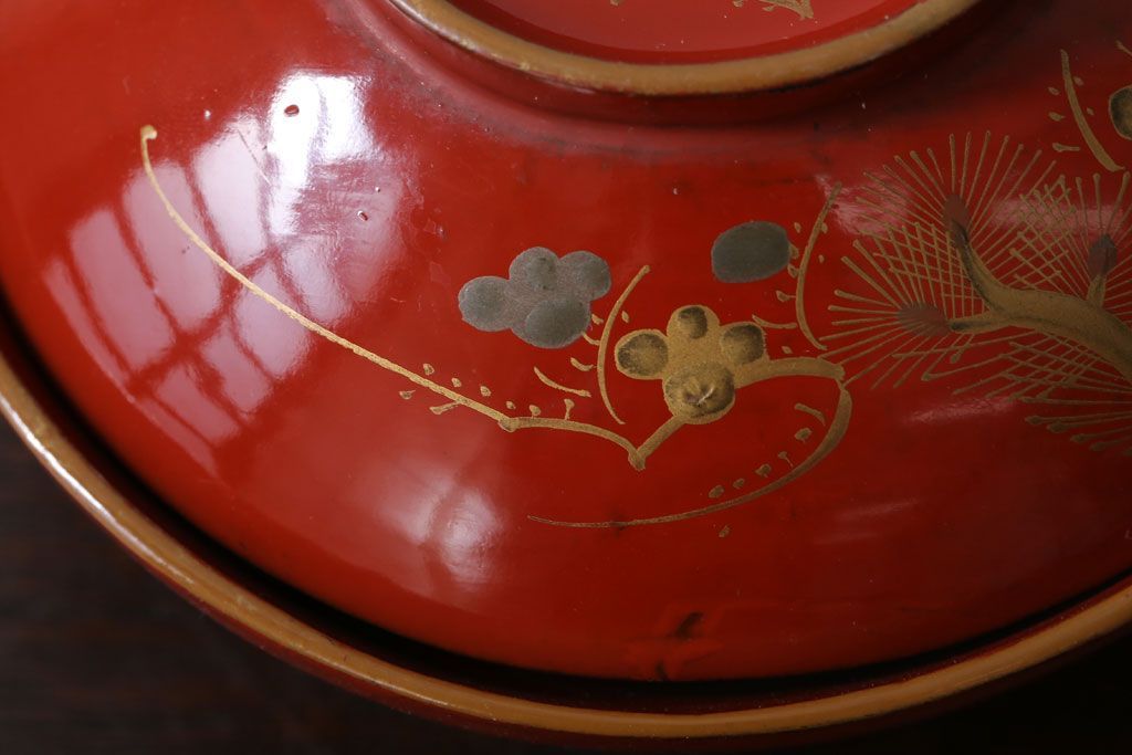 和製アンティーク　松竹梅　朱塗り木製椀5客セット(2)