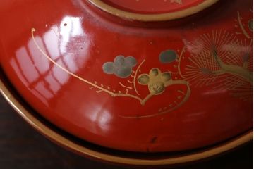 和製アンティーク　松竹梅　朱塗り木製椀5客セット(2)