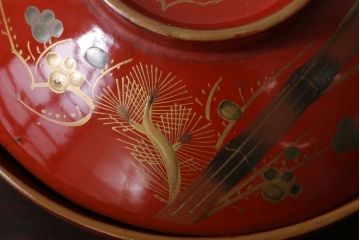 和製アンティーク　松竹梅　朱塗り木製椀5客セット(2)