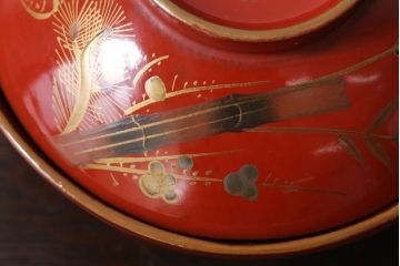 和製アンティーク　松竹梅　朱塗り木製椀5客セット(2)