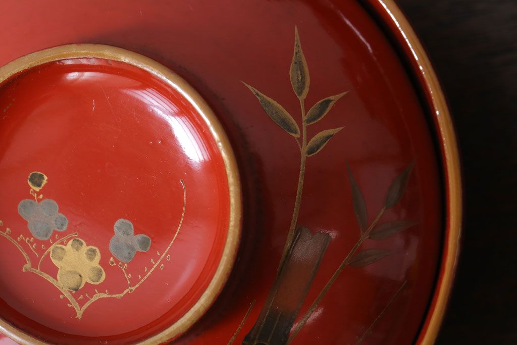 和製アンティーク　松竹梅　朱塗り木製椀5客セット(2)