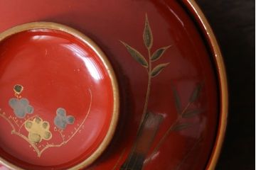 和製アンティーク　松竹梅　朱塗り木製椀5客セット(2)