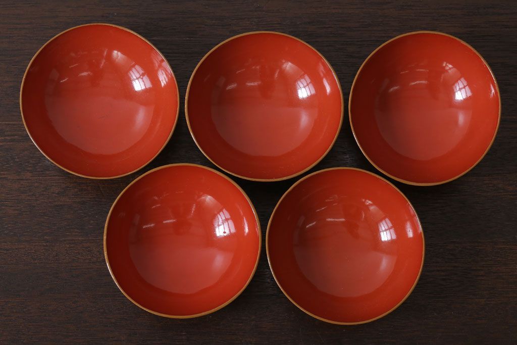 和製アンティーク　松竹梅　朱塗り木製椀5客セット(2)