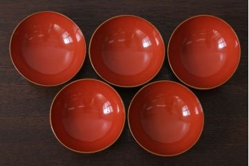 和製アンティーク　松竹梅　朱塗り木製椀5客セット(2)
