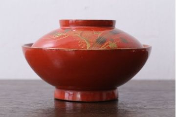 和製アンティーク　松竹梅　朱塗り木製椀5客セット(2)