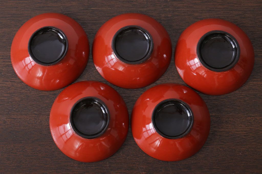 和製アンティーク　松竹梅　朱塗り木製椀5客セット(2)