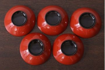 和製アンティーク　松竹梅　朱塗り木製椀5客セット(2)