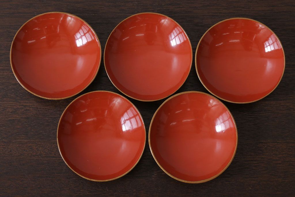 和製アンティーク　松竹梅　朱塗り木製椀5客セット(2)