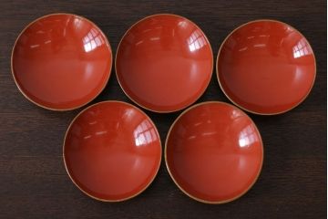 和製アンティーク　松竹梅　朱塗り木製椀5客セット(2)
