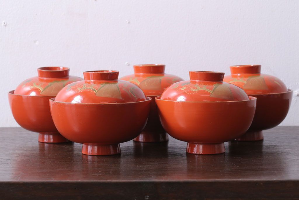 和製アンティーク　松竹梅の朱塗り椀5客セット(2)